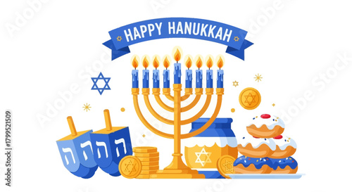 Happy Hanukkah Celebration A Festive Illustration of Menorah, Dreidels, and Treats