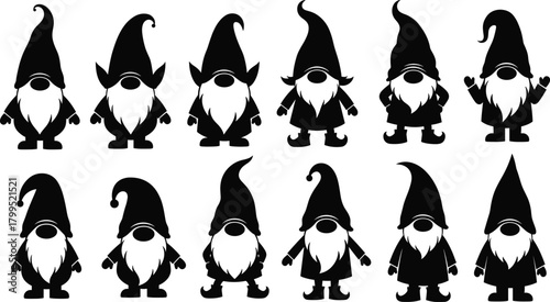 Gnome silhouette vector set, black and white illustration, whimsical character icons, fantasy hat and beard design, folklore template artwork, graphic style