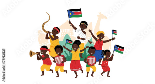 South Sudanese Children Celebrate Freedom with Flags and Traditional Instruments
