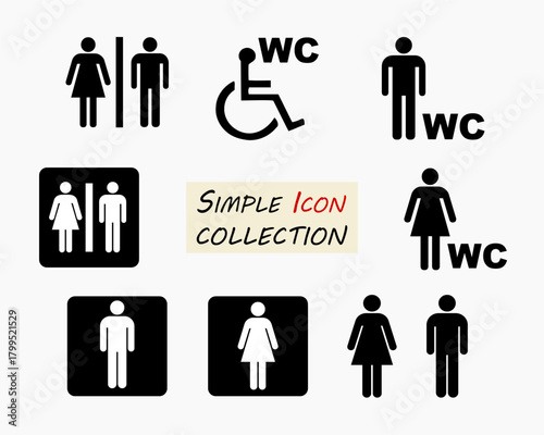Collection of isolated simple washroom or WC icons and door signs for men, women and disabled, on white background