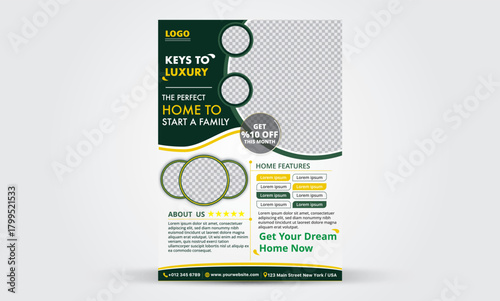 Print This modern real estate flyer template features a clean design to promote luxury homes for families, including placeholders for images and property details.