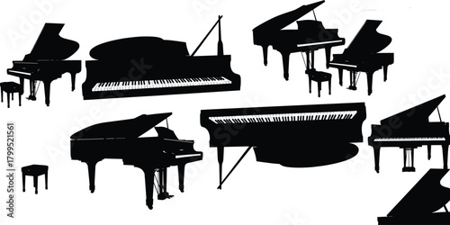 Grand piano silhouette vector set, black and white illustration, musical instrument design, concert stage icon, classical music template, bench artwork
