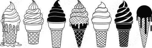 Ice cream cone vector set, black and white design, melting dessert illustration, waffle texture, swirl pattern, summer treat graphic, editable template