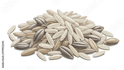 Pile of uncooked grains of rice on a white background