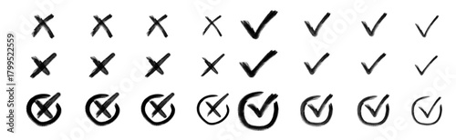 Check tick mark icon set. Cross box x check mark checkbox v list vector draw hand drawn sketch doodle brush marker checklist symbol wrong right circle. Vector alphabet letters and numbers,