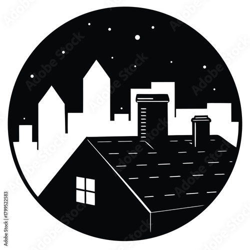 Rooftop Urban Evening View on White Background