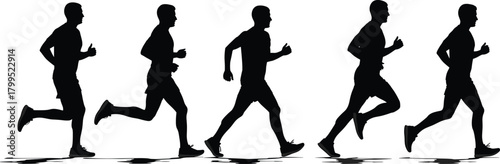 Running motion silhouette set, black and white vector illustration, athletic movement phases, human biomechanics graphic, sports training icon, editable template