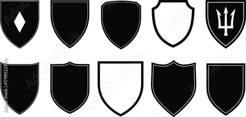 Shield silhouette vector set, black and white illustration, emblem and border variations, heraldic icon template, protection symbol design, graphic artwork