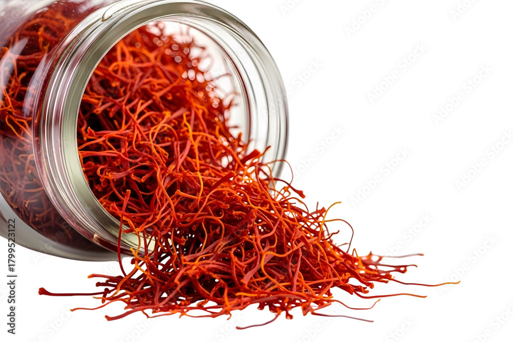 Fototapeta premium Premium saffron threads spill from glass jar, a vibrant spice. isolated on transparent background