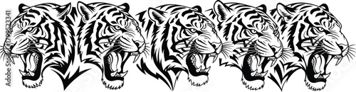 Tiger head vector set, black and white illustration, fierce animal graphic, aggressive expression design, wild predator icon, symmetrical tattoo template