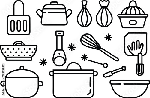 Collection of kitchen utensils and cookware in a flat line art style