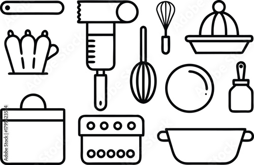 Collection of kitchen utensils and cooking equipment icons