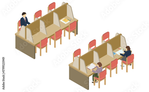 アイソメトリックイラスト：仕切りのある図書館の勉強机