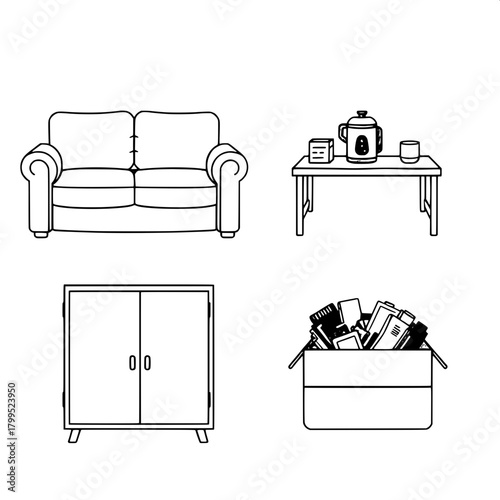 “Design a simple, shadow-free illustration showing four distinct interior items arranged in a grid: a cushioned two-seater sofa, a side table with a rice cooker and coffee cup, a veneer cabinet with a