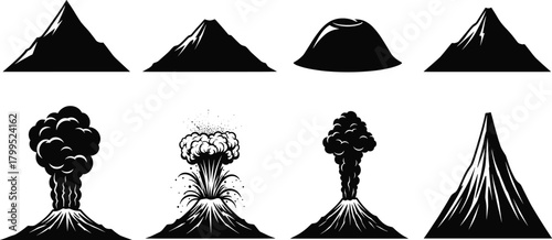 Tableau sur toile Volcano silhouette vector set, black and white illustration, erupting and dorman