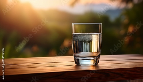 glass of clear water resting on wooden table with warm lighting