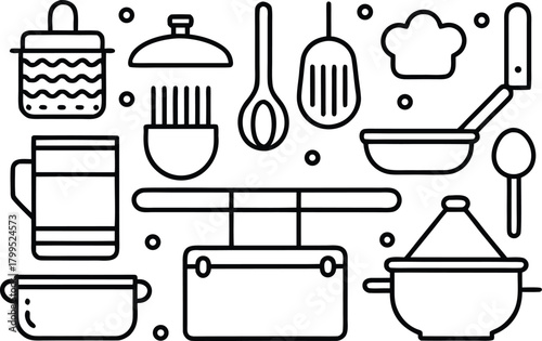 Collection of line art kitchen utensils and cooking equipment icons
