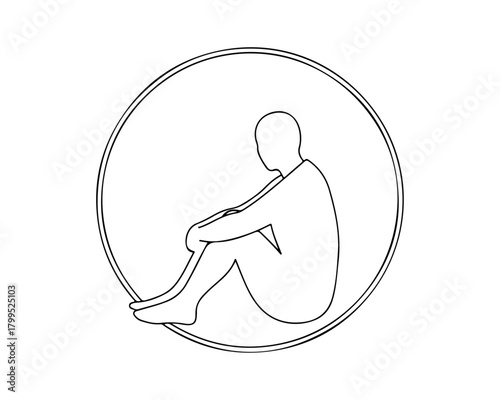 Minimalist outline illustration of a human figure sitting with knees drawn up, enclosed within a simple circular frame, symbolizing introspection, contemplation, quiet rest, or solitude