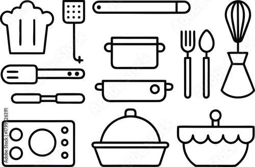 Kitchen utensils and cookware icons set for cooking and baking 60