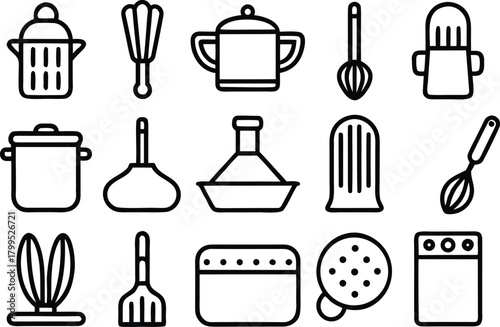 Collection of kitchen utensil icons in a simple line art style