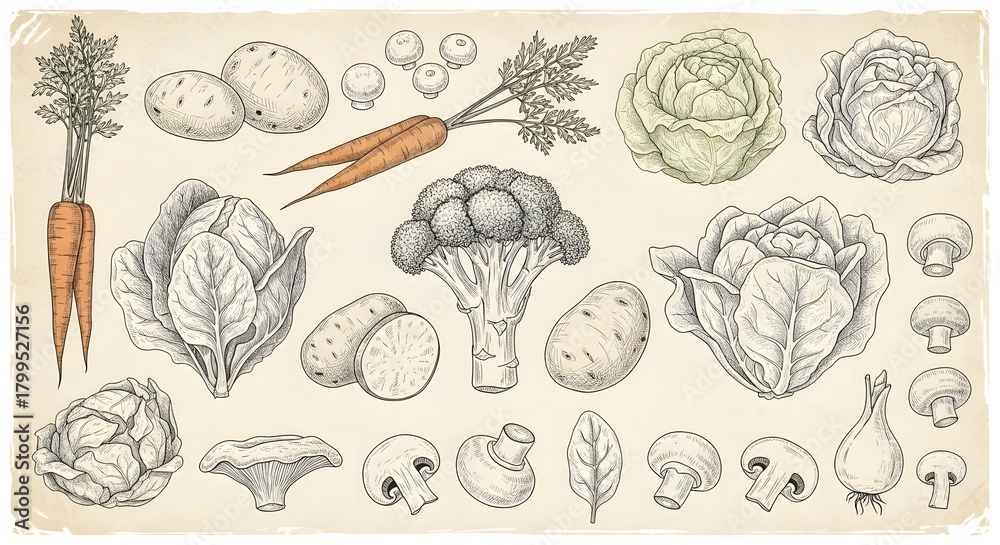 Naklejka premium Vintage-Style Vegetable Sketch Collection Featuring Carrots, Potatoes, Broccoli, Cabbage, and Mushrooms