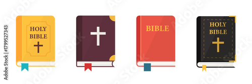 Bible book collection with cross symbols and colored covers. Religious holy books representing faith, scripture and Christianity