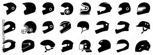 Motorcycle helmet icons. Set of different car helmet icons. Simple vehicle helmet signs. Black helmet icons
