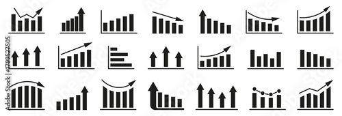 Business chart and growth graph icons collection in flat black silhouette style. Ideal for analytics, finance, and data presentation