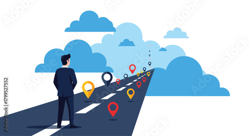 Confident entrepreneur charting a course to business success with location markers on pathway to growth and achievement, visualizing strategic goals