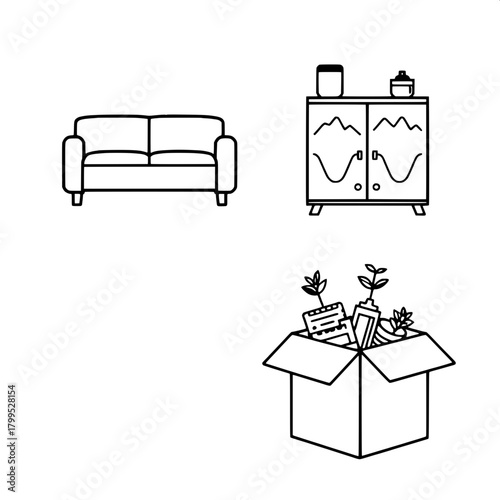 “Make a graphic poster-style layout with four black-and-white icons: a modern sofa, a table with a rice cooker and cup, a cabinet with topographic designs, and a partly opened cardboard box containing