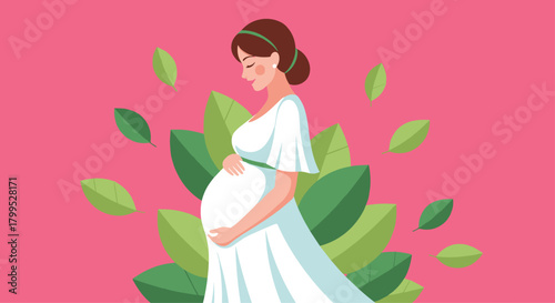 Elegant pregnant woman in white dress with green leaves against a pink background evokes anticipation and joy of motherhood and new beginnings