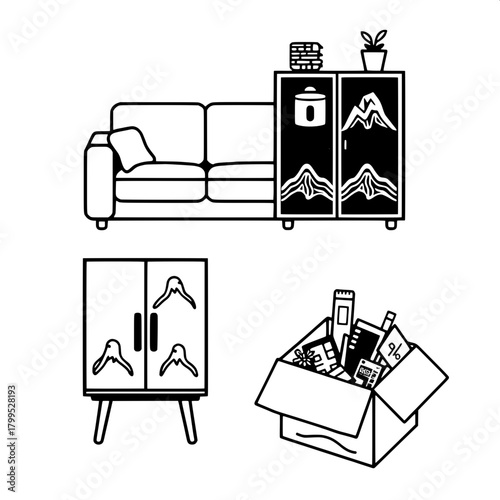 “Make a graphic poster-style layout with four black-and-white icons: a modern sofa, a table with a rice cooker and cup, a cabinet with topographic designs, and a partly opened cardboard box containing