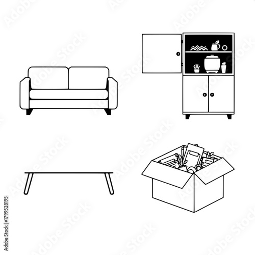 “Make a graphic poster-style layout with four black-and-white icons: a modern sofa, a table with a rice cooker and cup, a cabinet with topographic designs, and a partly opened cardboard box containing