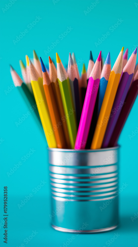 Fototapeta premium A group of sharpened colored pencils stands in a metal cup against a blue background.