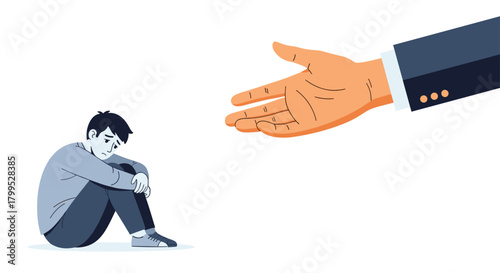 Offering a hand to a despondent person for support and help, a symbol of compassion and empathy in times of distress and emotional need