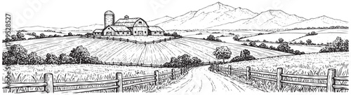 A black and white drawing of a rural landscape with a road running through it. The road is surrounded by a field of crops and a mountain range in the background
