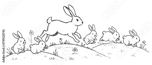 A group of rabbits are running together. The rabbits are all different sizes and are scattered throughout the scene. The image has a playful and energetic mood, as the rabbits are running