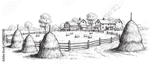 A black and white drawing of a farm with a house and a barn. The hay bales are scattered around the field, and there are several trees in the background