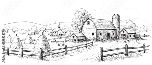 The image is a black and white drawing of a farm scene. The farmhouse is situated in the middle of the field, with a barn and a few trees in the background. There are also a few animals, such as cows