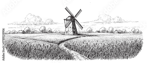 A windmill is in the foreground of a field. The sky is cloudy and the windmill is the only thing visible in the field