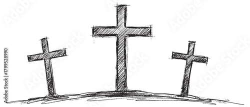 Three crosses are drawn in the dirt, with one in the middle and two on either side. The crosses are drawn in a way that suggests they are old and weathered, and the overall mood of the image is somber