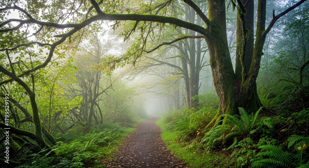 Fototapeta premium Ethereal Misty Forest Path Tranquil Nature Scene with Diffused Light-