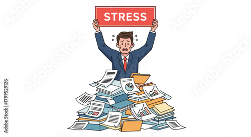 Exhausted businessman overwhelmed by paperwork, holding stress sign, needs time management help and work life balance solutions now