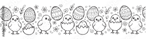 A black and white drawing of a line of chicks holding eggs. The chicks are all different sizes and are standing in a row. The eggs are scattered throughout the drawing, with some being larger