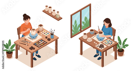 Two women enjoying pottery painting at home, creative hobby with bright colors and natural light in a cozy space for relaxation and artistic expression