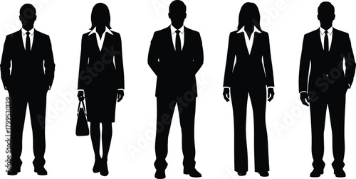 Business silhouettes of professionals in formal attire, standing in row, corporate diversity, black figures, white background, minimal design concept