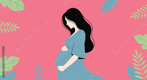 Elegant pregnant woman in flowing dress, tenderly cradling baby bump against a vibrant floral backdrop, perfect for motherhood campaigns