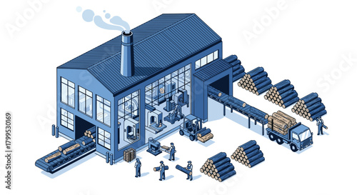 Dynamic isometric illustration of a modern lumber mill with logs being processed and loaded onto a truck, ideal for industrial concepts