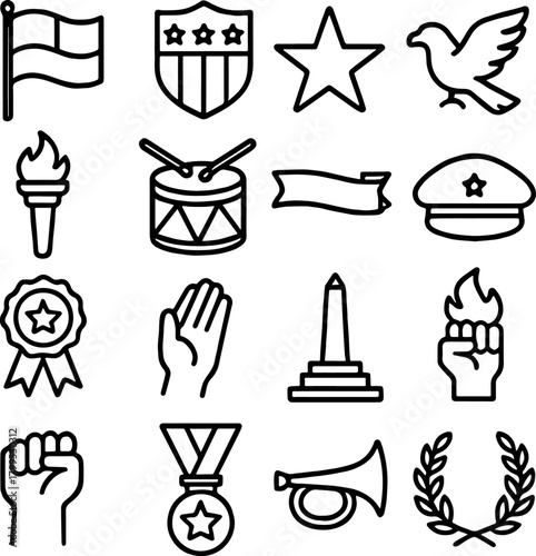 Patriotic symbols representing american values and history are displayed as simple line art against a white backdrop, evoking a sense of national pride.
