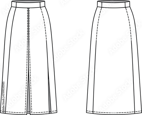Fashion sketch, skirt technical drawing, A-line silhouette, high waist skirt, garment construction, front slit, back view, sewing pattern, apparel design, fashion illustration, 